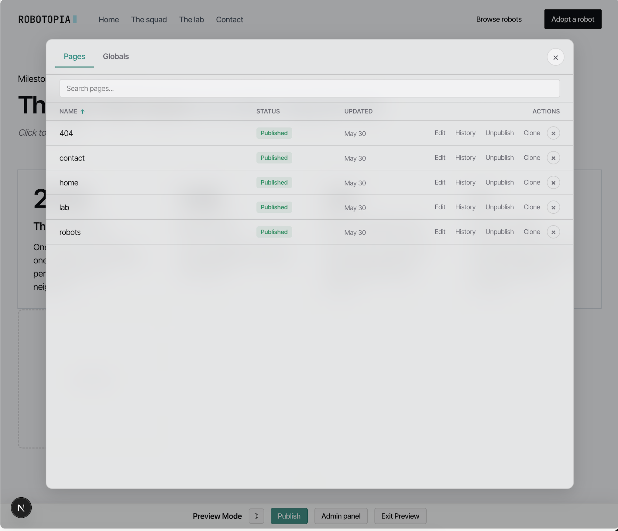 The Pages tab in the agntcms admin modal
