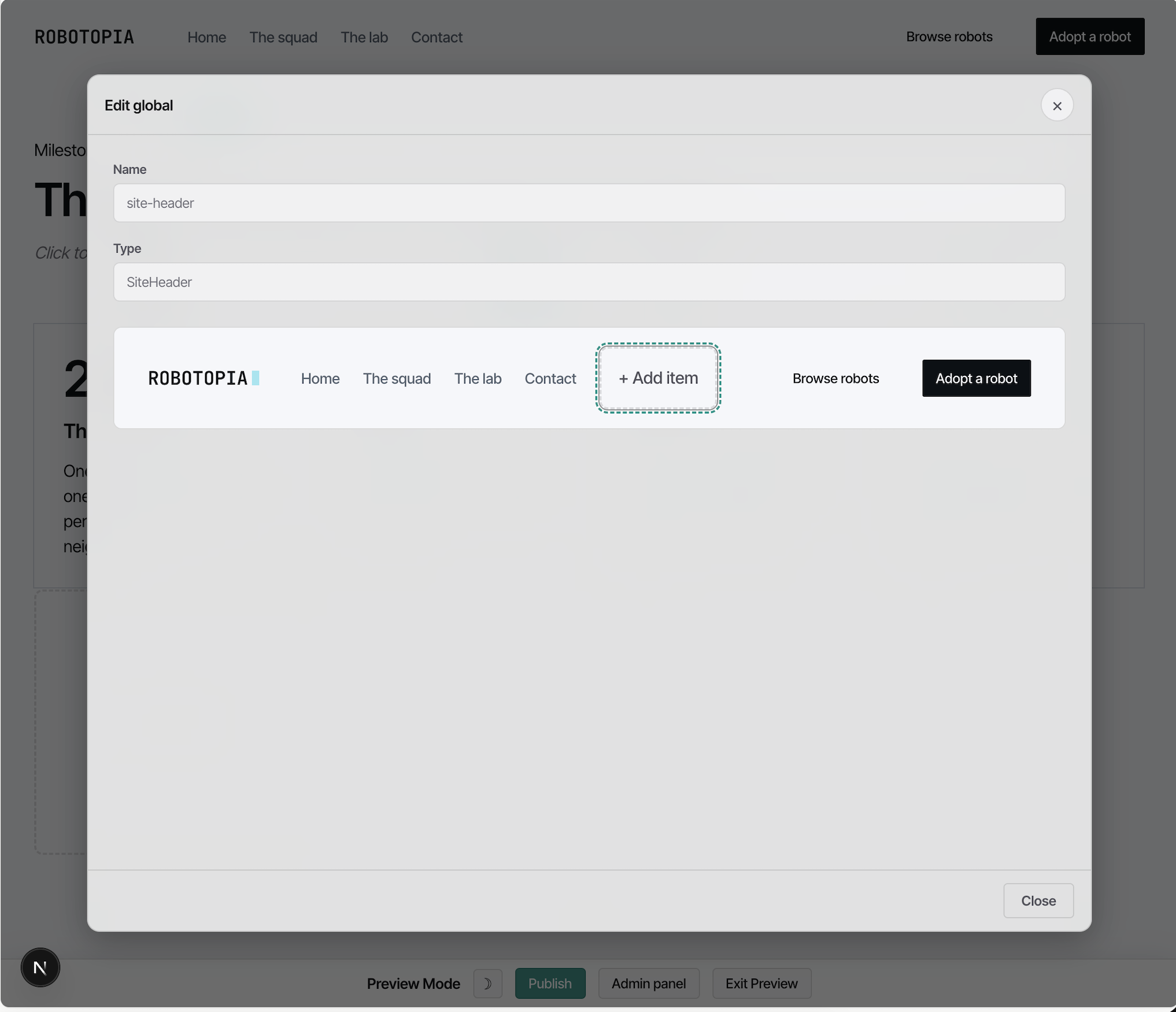 The Globals tab in the agntcms admin modal