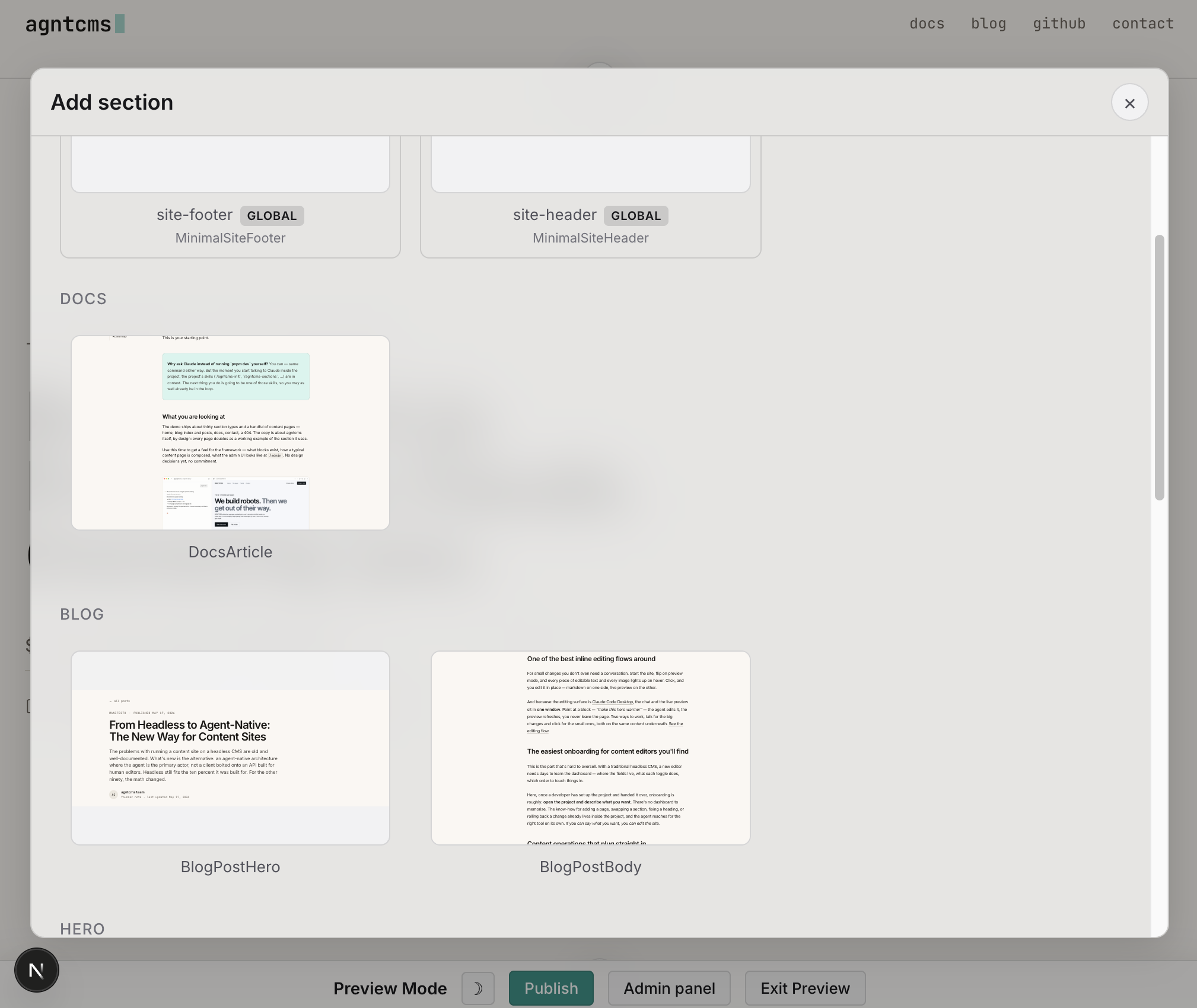 agntcms sections editing modal