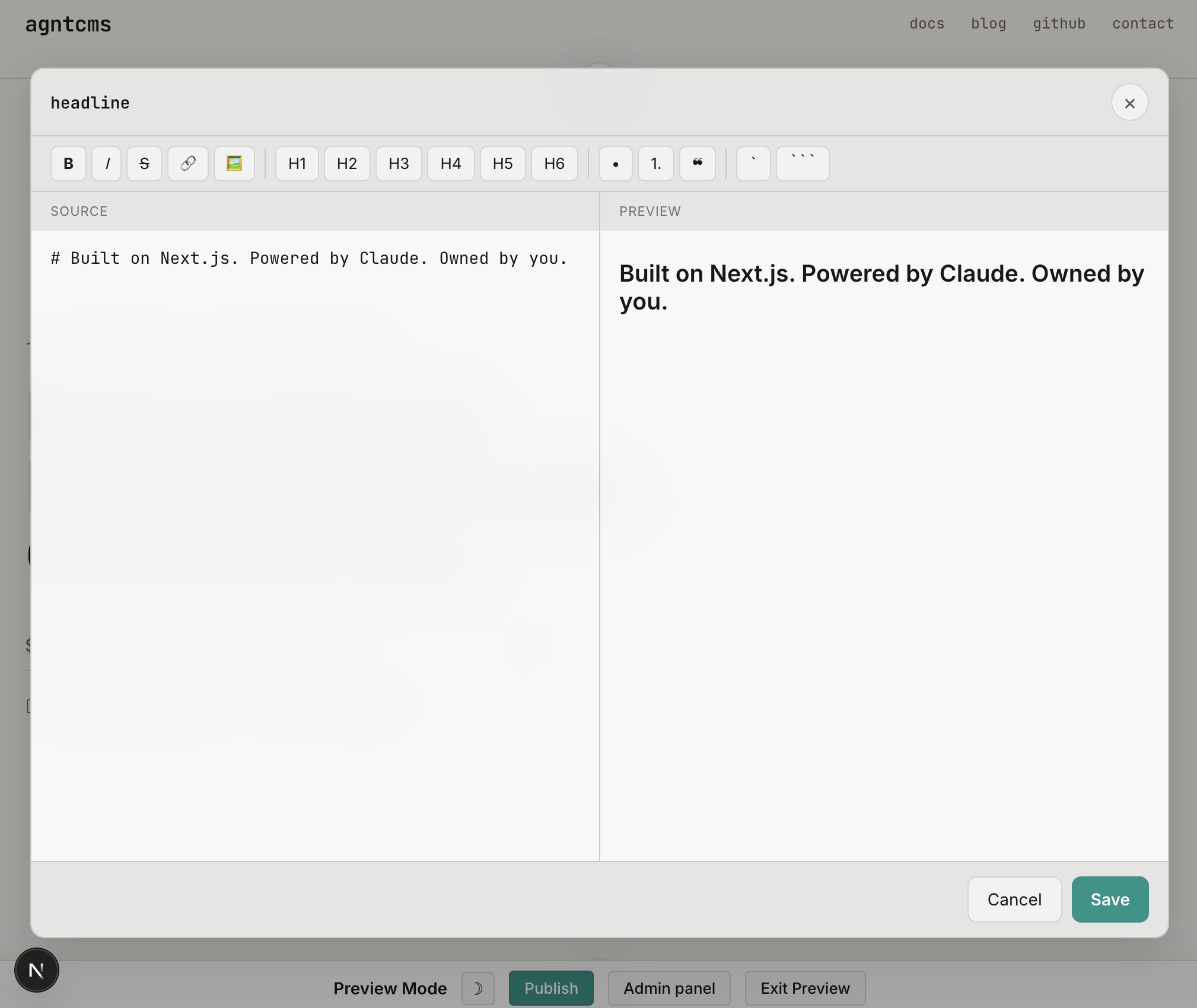 agntcms inline text editing modal